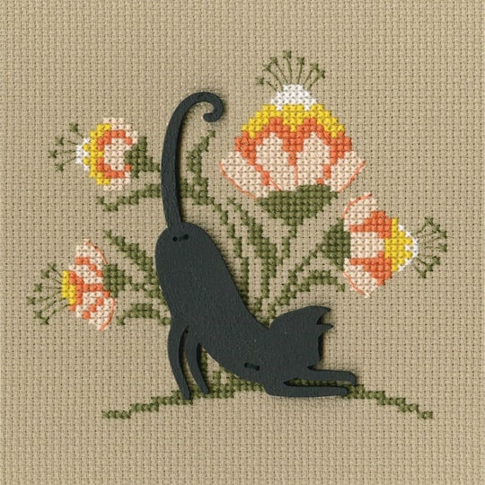 RTO Cat Silhouette with Orange & Yellow Flowers Cross Stitch Kit